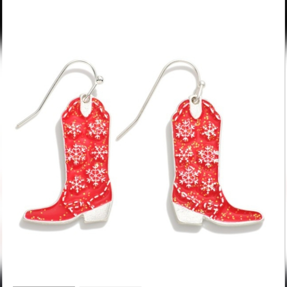 Silver Tone and Red Enamel Glitter Snowflake Cowboy Boot Drop Earrings NWT - Picture 2 of 7